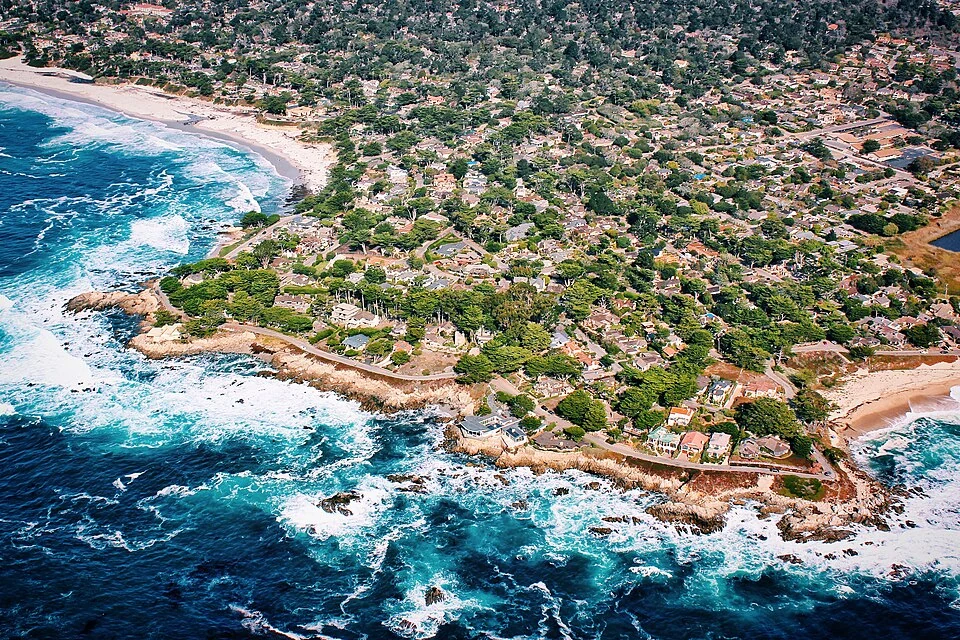 Aerial view of the Carmel-by-the-Sea coast and homes
